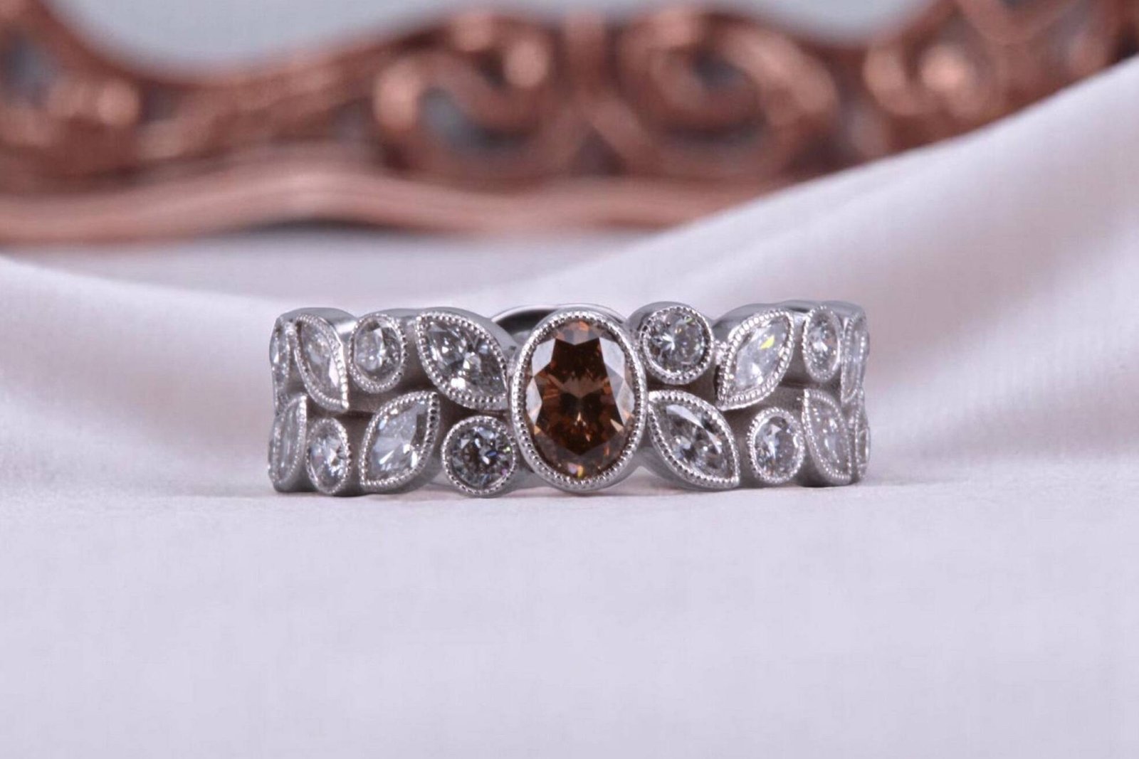Non-traditional rootbeer diamond floral ring for couples in Point Loma